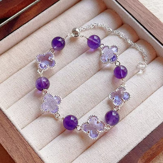 Natural Amethys,Clover Alloy Bracelet, Dreamy Wonderland
